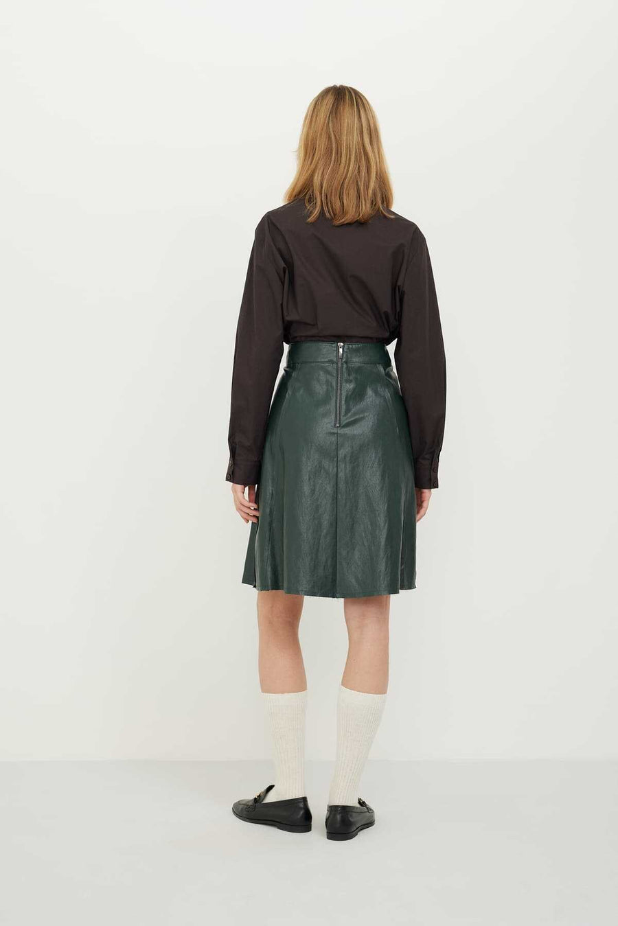 Knee Length Leather Pleated Skirt Green  - Porterist 2