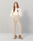 Double Pleated Woven Beige Trousers