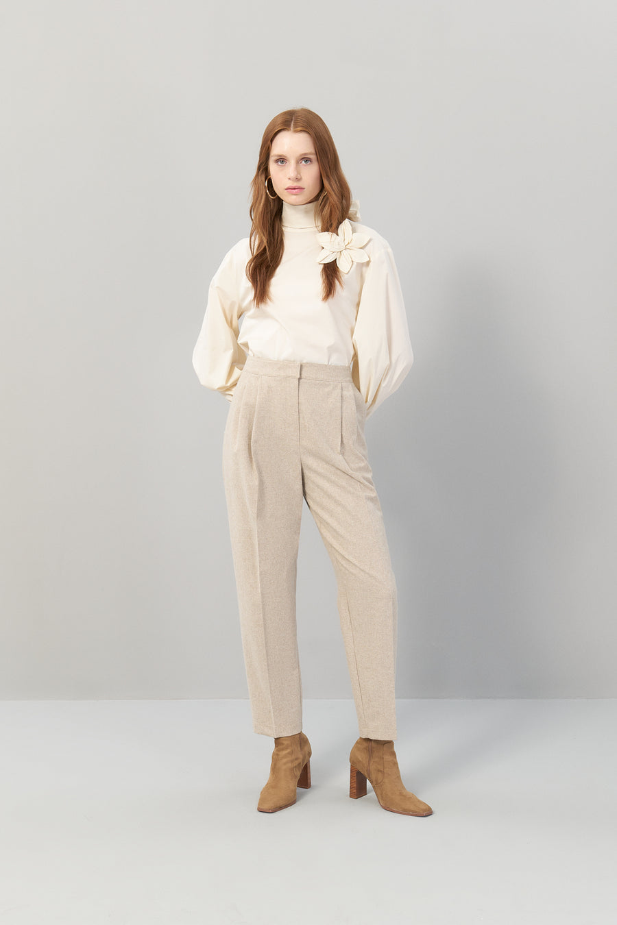 Double Pleated Woven Beige Trousers