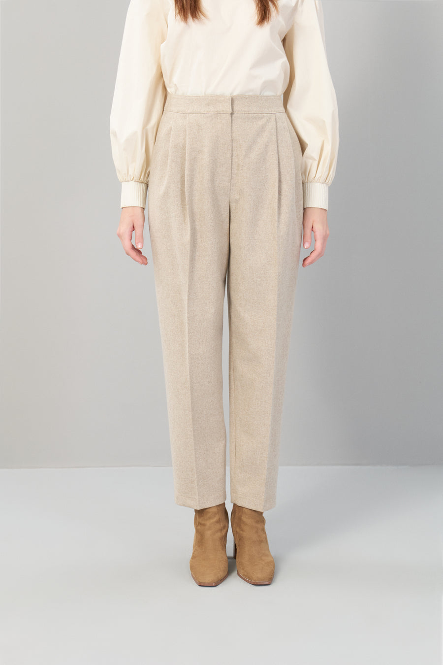 Double Pleated Woven Beige Trousers