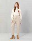 Double Pleated Woven Beige Trousers