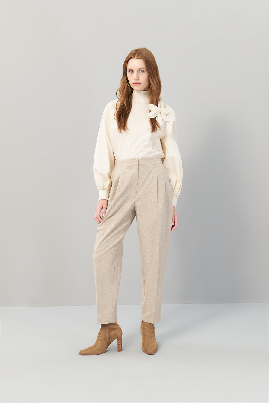 Double Pleated Woven Beige Trousers