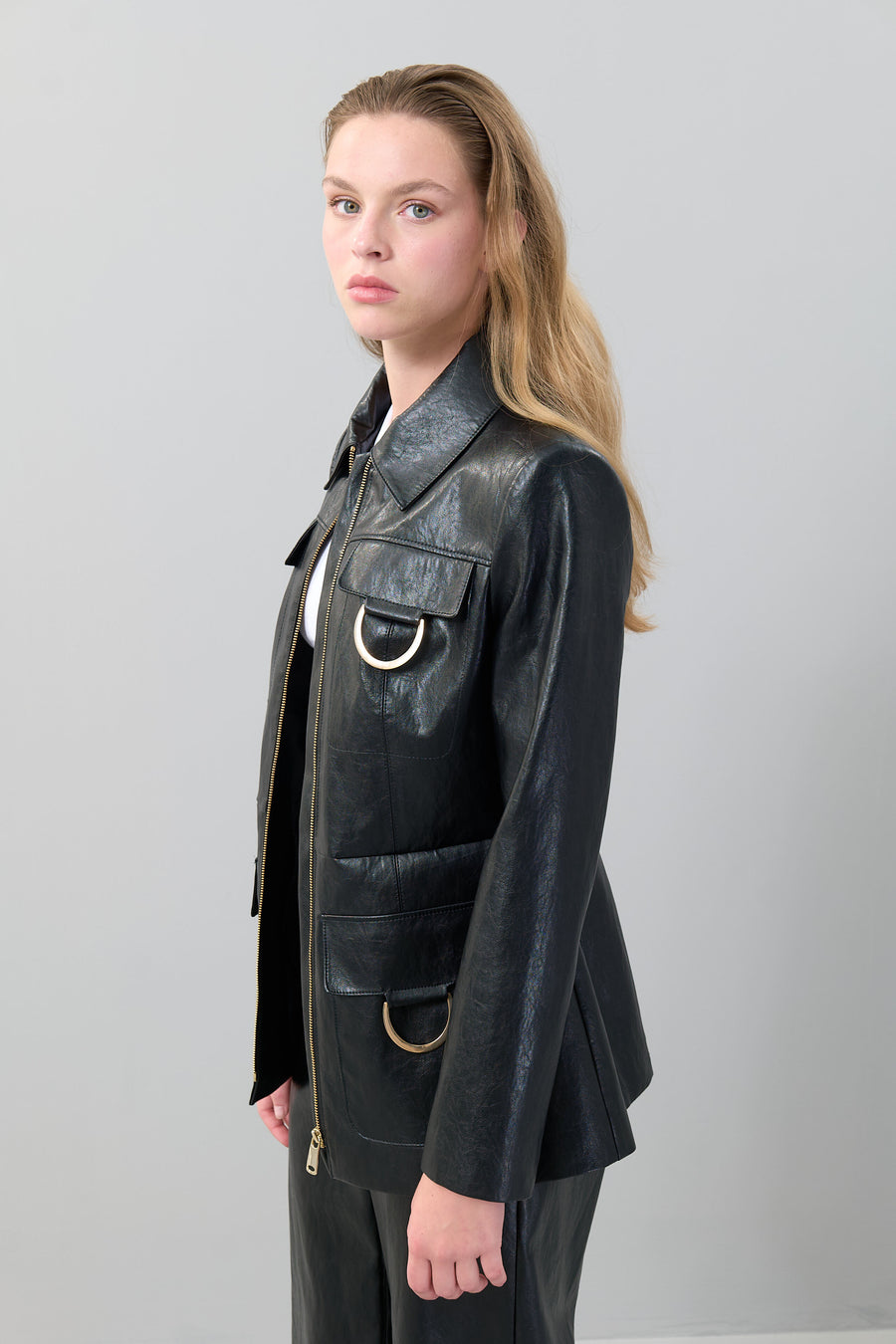 Black Jacket with Gold Metal Accessories & Front Zipper Closure