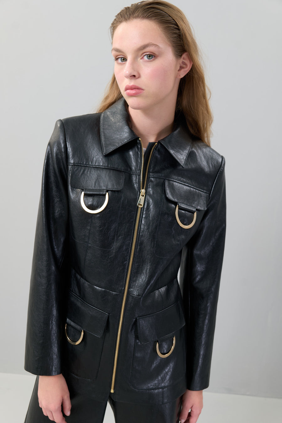 Black Jacket with Gold Metal Accessories & Front Zipper Closure