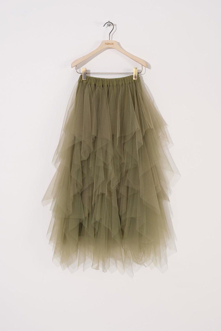 Khaki Layered Mid Length Tulle Skirt | Porterist