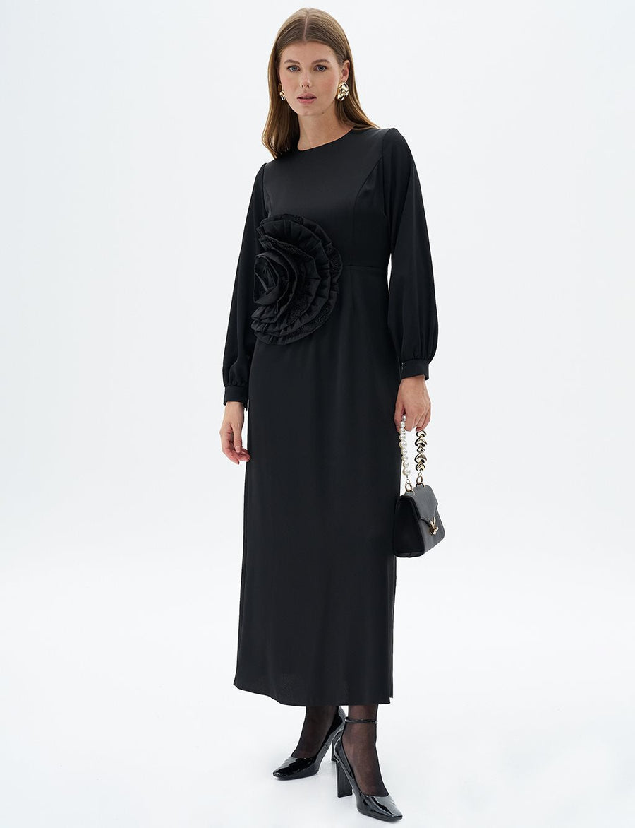 Black Satin Dress with Rose Motif