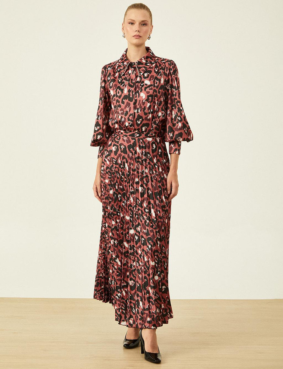 Pleated Burgundy Skirt with Leopard Print