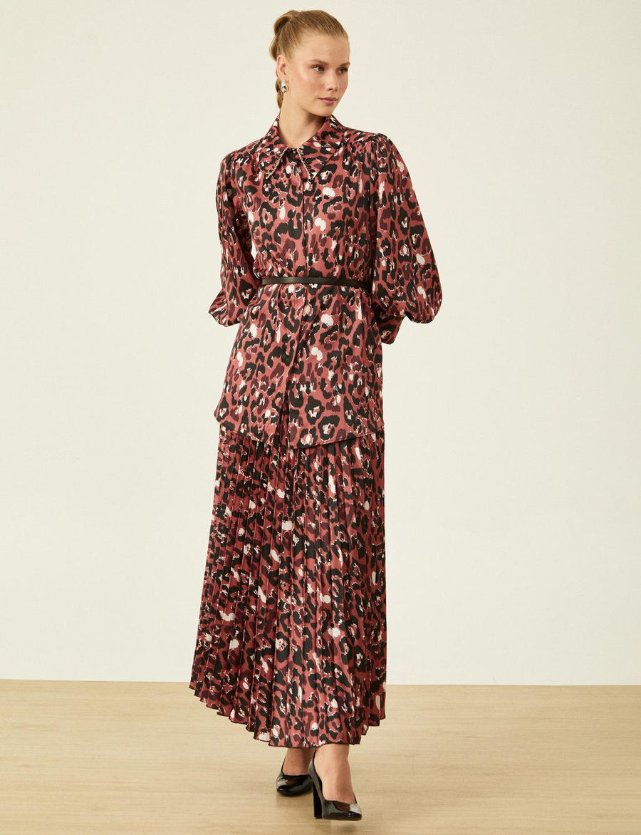 Pleated Burgundy Skirt with Leopard Print