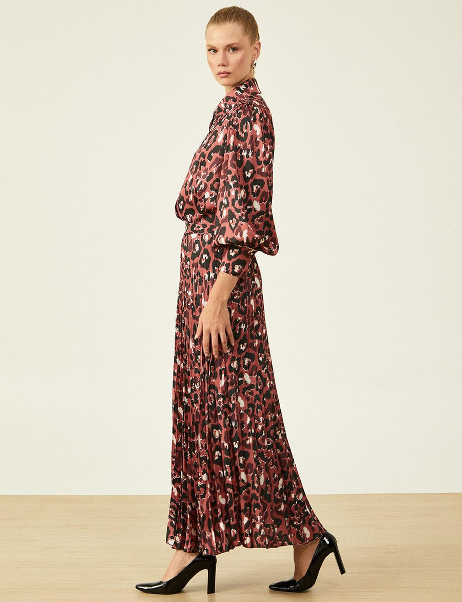 Pleated Burgundy Skirt with Leopard Print