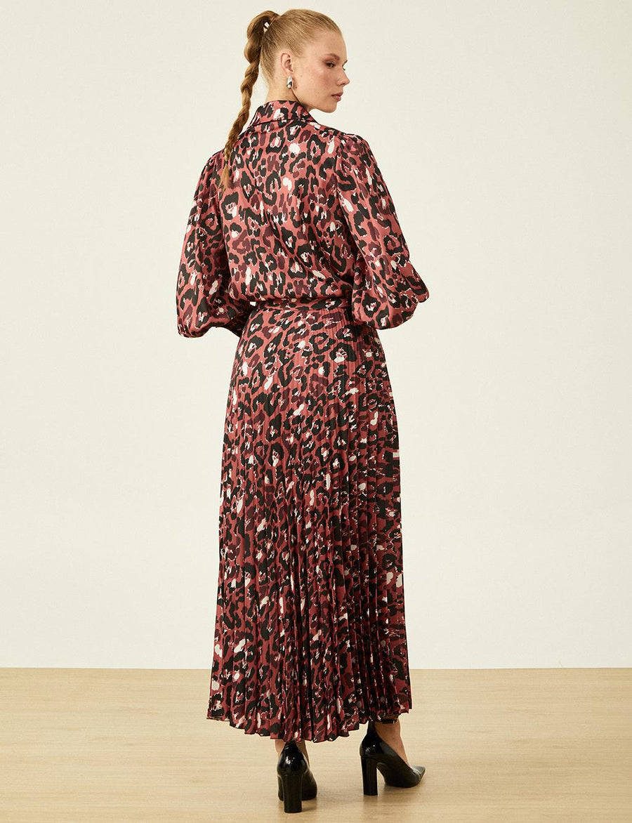 Pleated Burgundy Skirt with Leopard Print