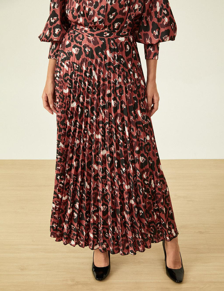 Pleated Burgundy Skirt with Leopard Print
