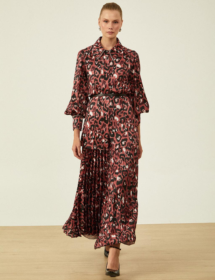 Pleated Burgundy Skirt with Leopard Print