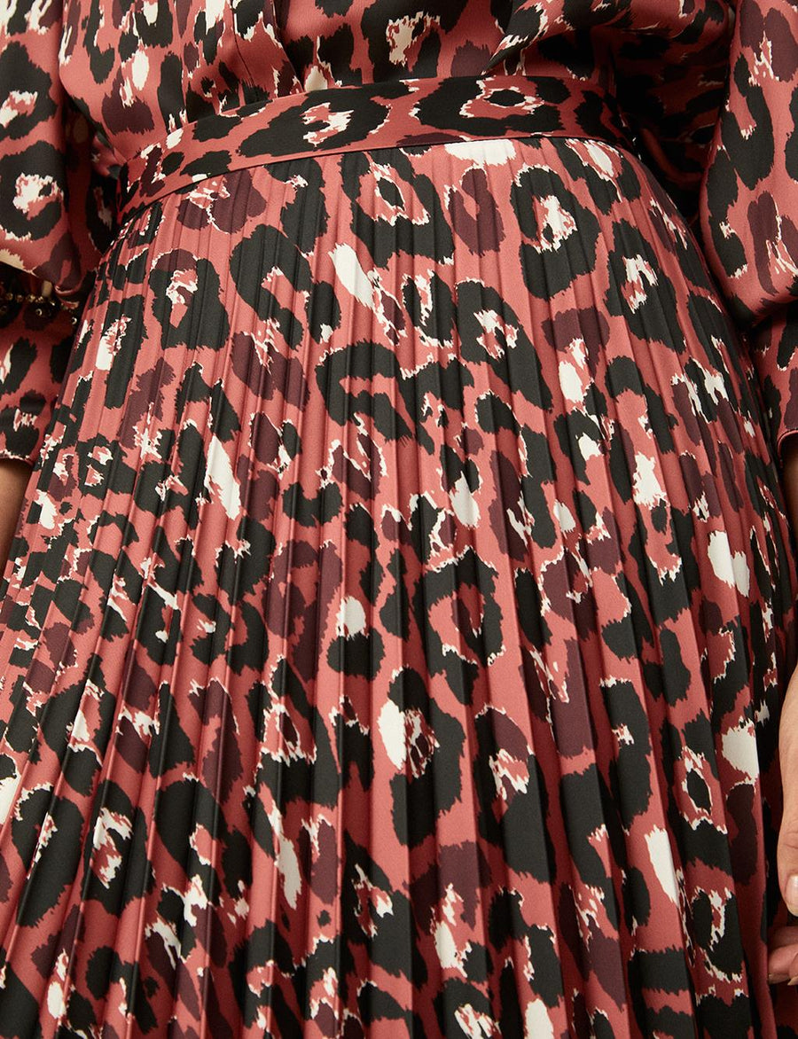 Pleated Burgundy Skirt with Leopard Print