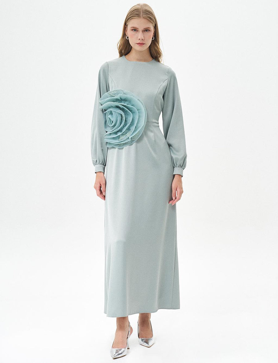 Sage Satin Dress with Rose Motif