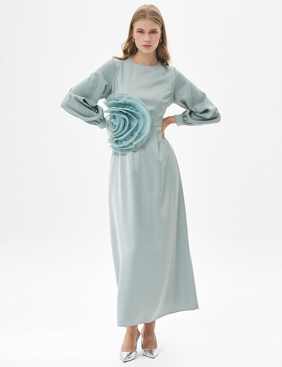 Sage Satin Dress with Rose Motif