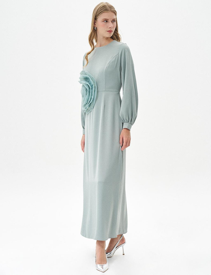 Sage Satin Dress with Rose Motif