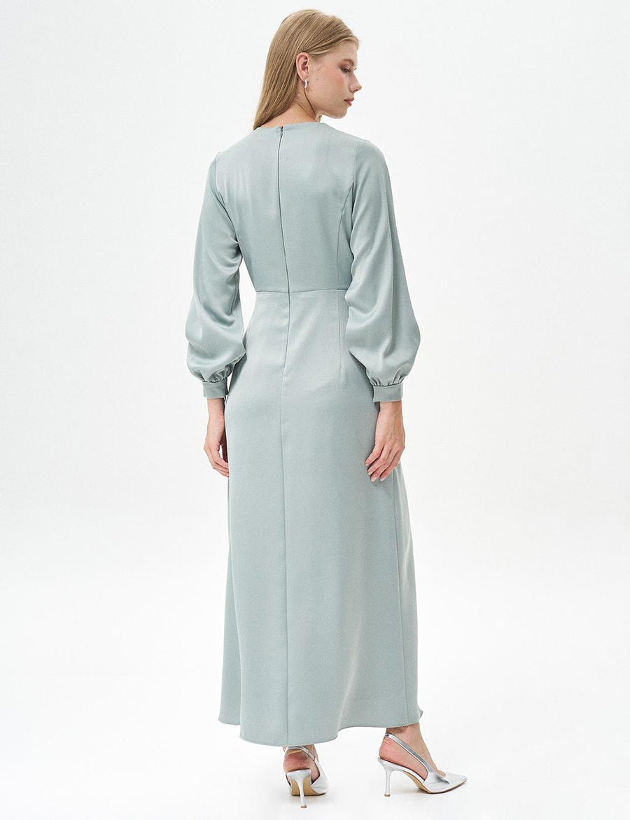 Sage Satin Dress with Rose Motif