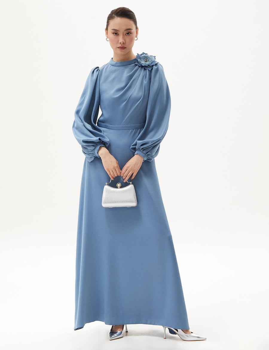 Satin Dress with Rose Motif Crown Blue