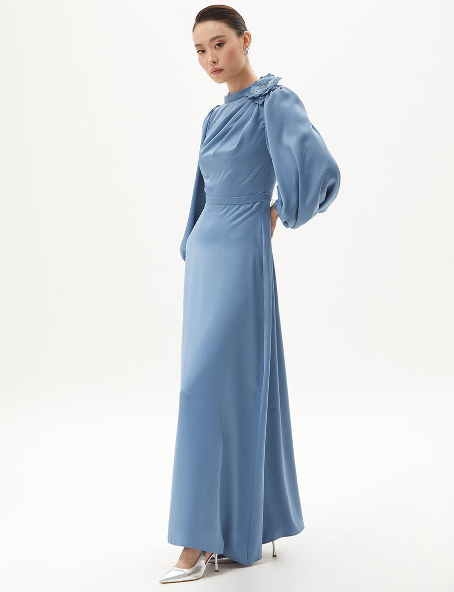 Satin Dress with Rose Motif Crown Blue
