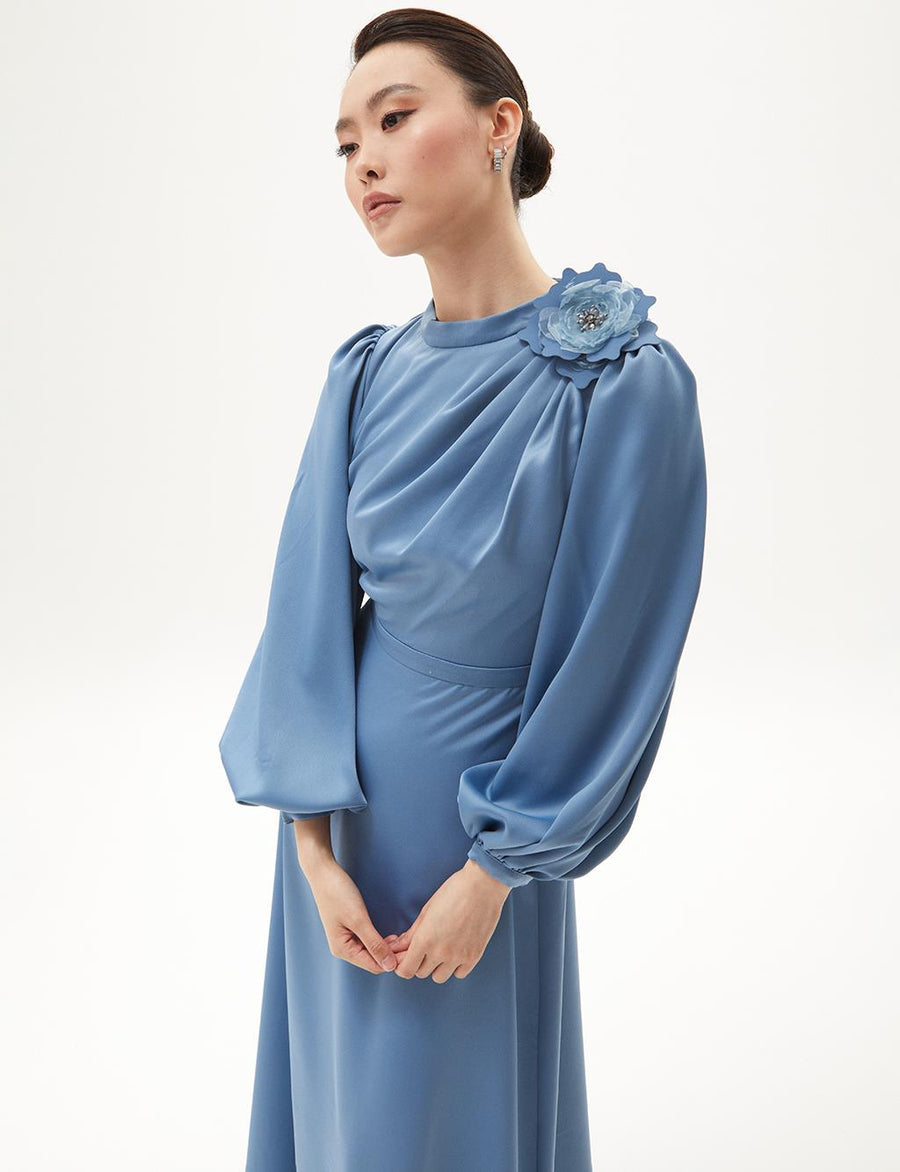 Satin Dress with Rose Motif Crown Blue