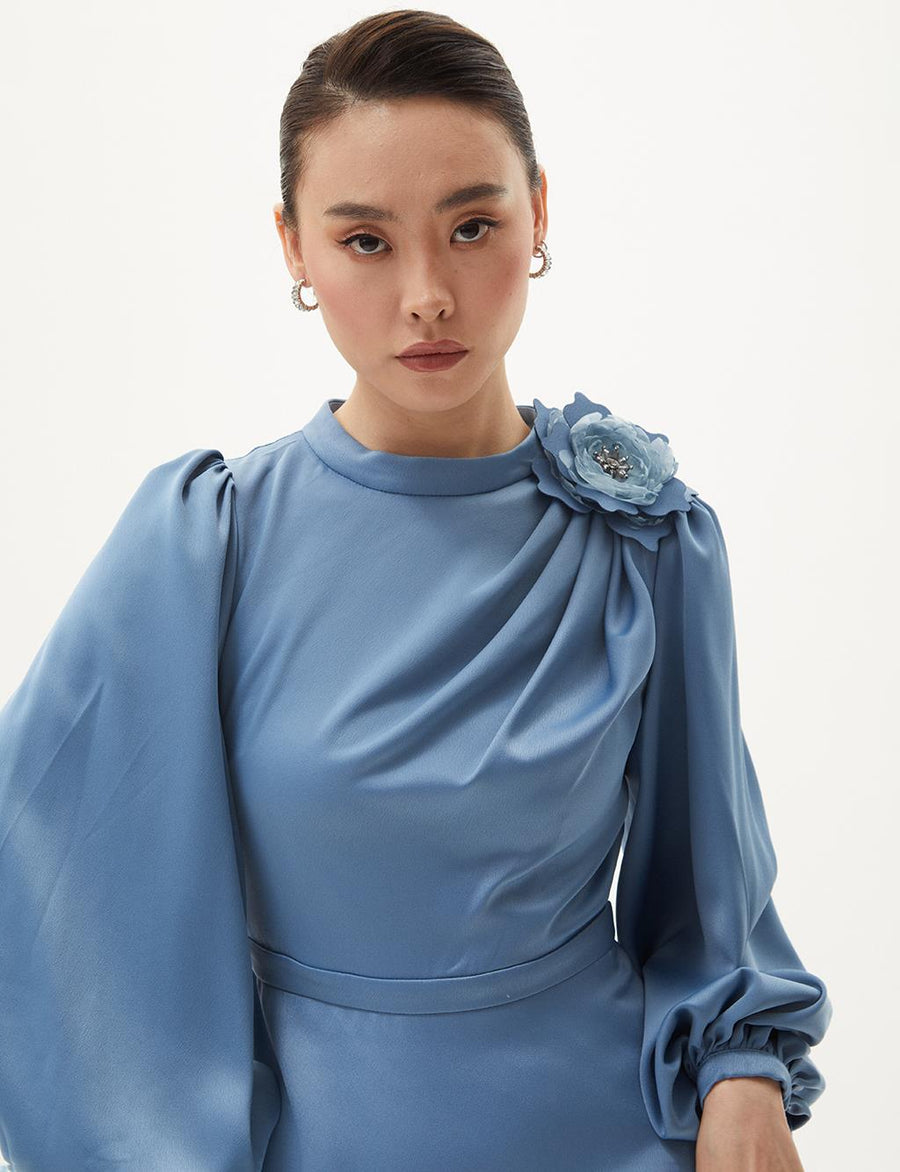 Satin Dress with Rose Motif Crown Blue
