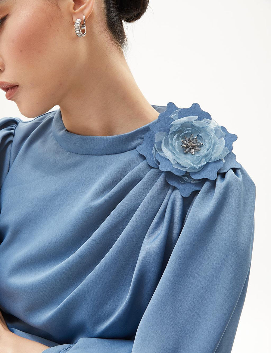 Satin Dress with Rose Motif Crown Blue
