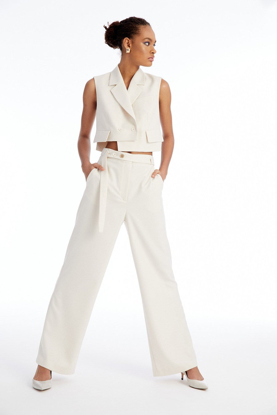 High Waisted Ecru Trousers With Belt Fınal Item - Porterist 3