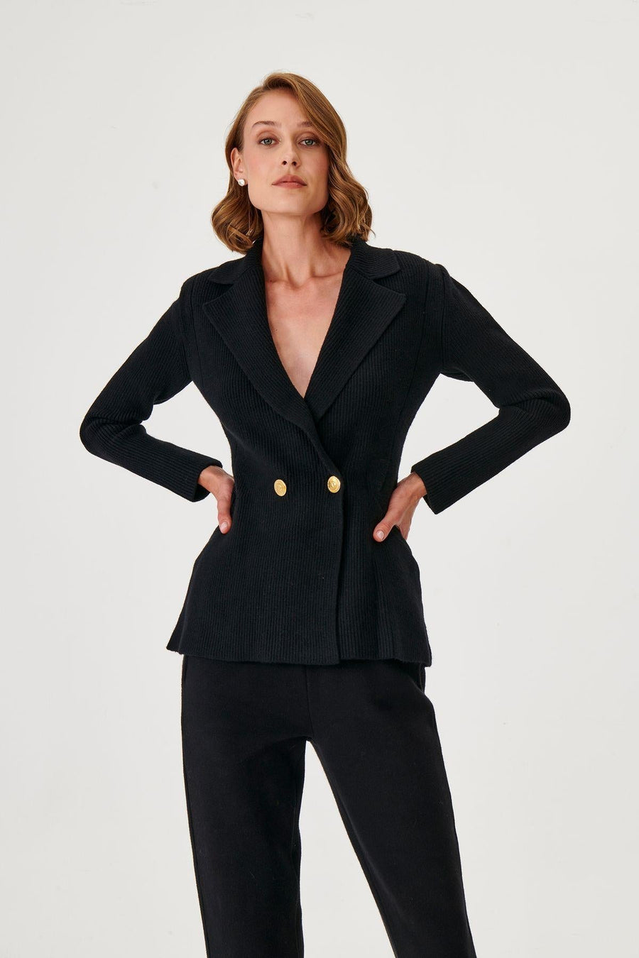 Black Swallow Neck Double Breasted Knit Blazer Jacket Fınal Item - Porterist 2