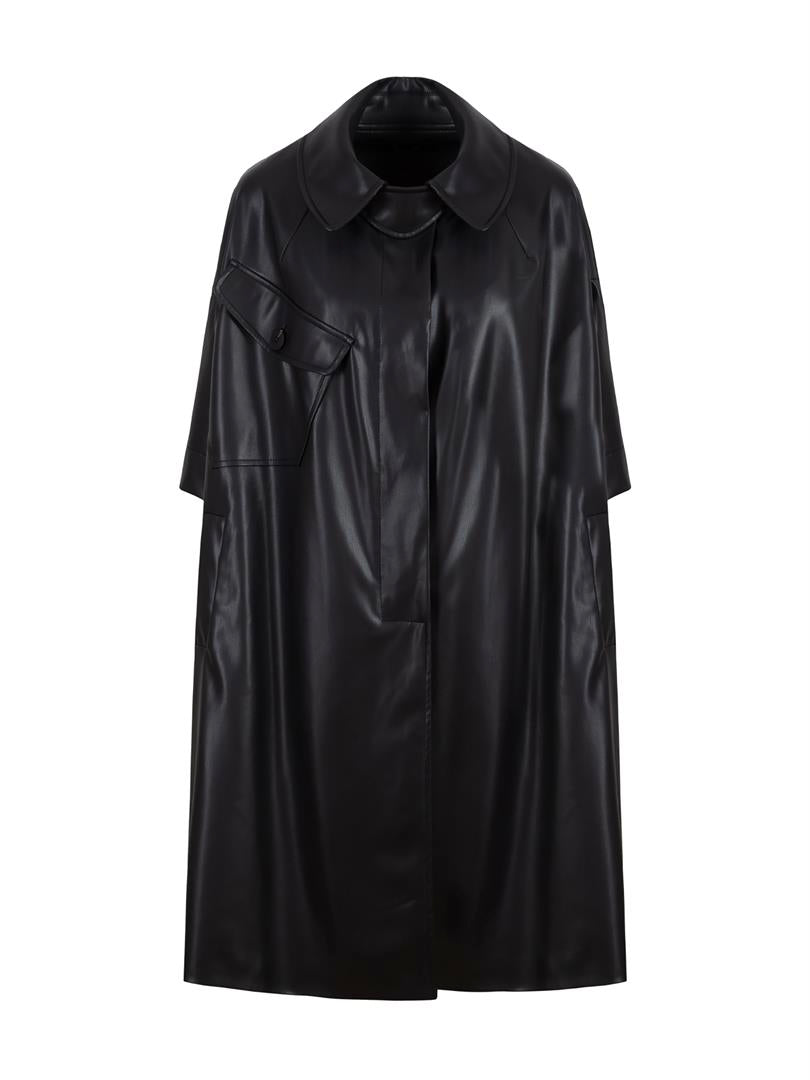 Short Sleeve Long Vegan Leather Coat - Black