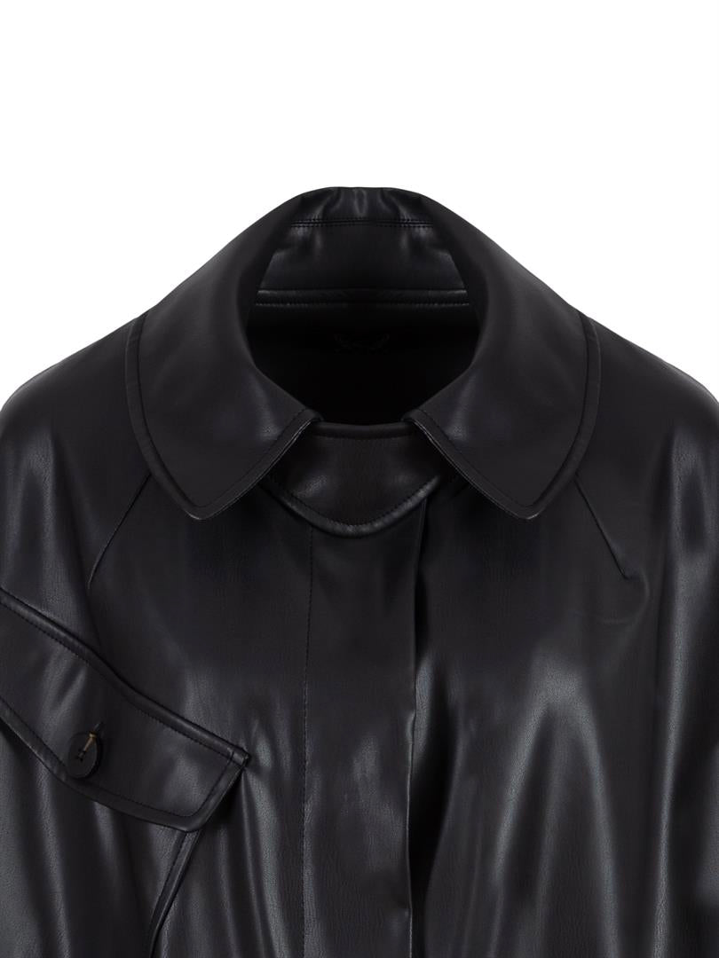 Short Sleeve Long Vegan Leather Coat - Black