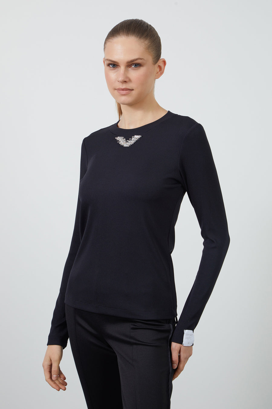 Sleeve End Label Detailed Collar Black Blouse With Stone Fınal Item - Porterist 1
