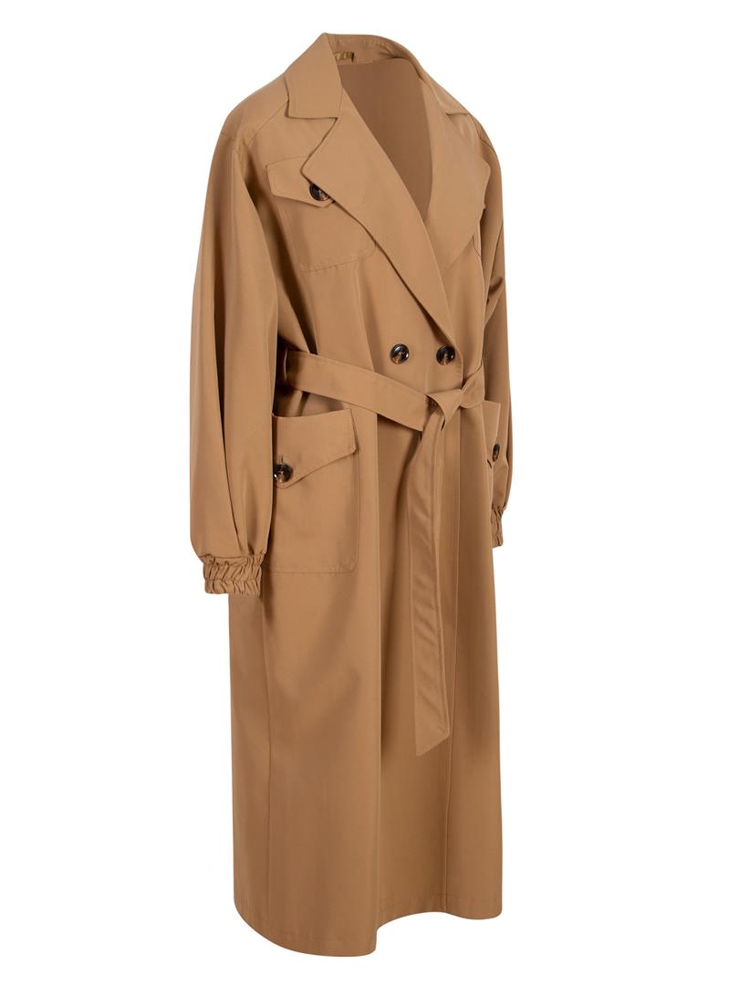 Balloon Sleeve Camel Trench Coat with Sleeve Elastic Waist Belt - Camel