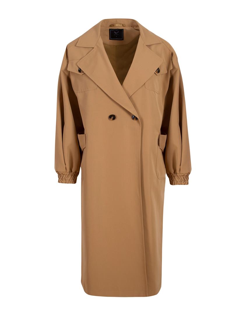 Balloon Sleeve Camel Trench Coat with Sleeve Elastic Waist Belt - Camel