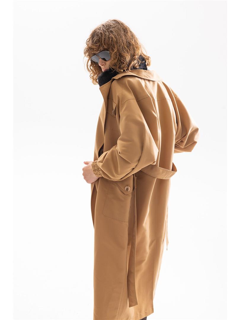 Balloon Sleeve Camel Trench Coat with Sleeve Elastic Waist Belt - Camel