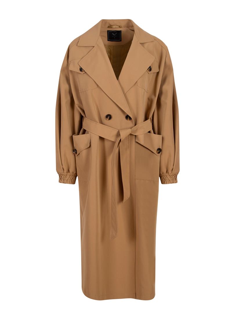 Balloon Sleeve Camel Trench Coat with Sleeve Elastic Waist Belt - Camel