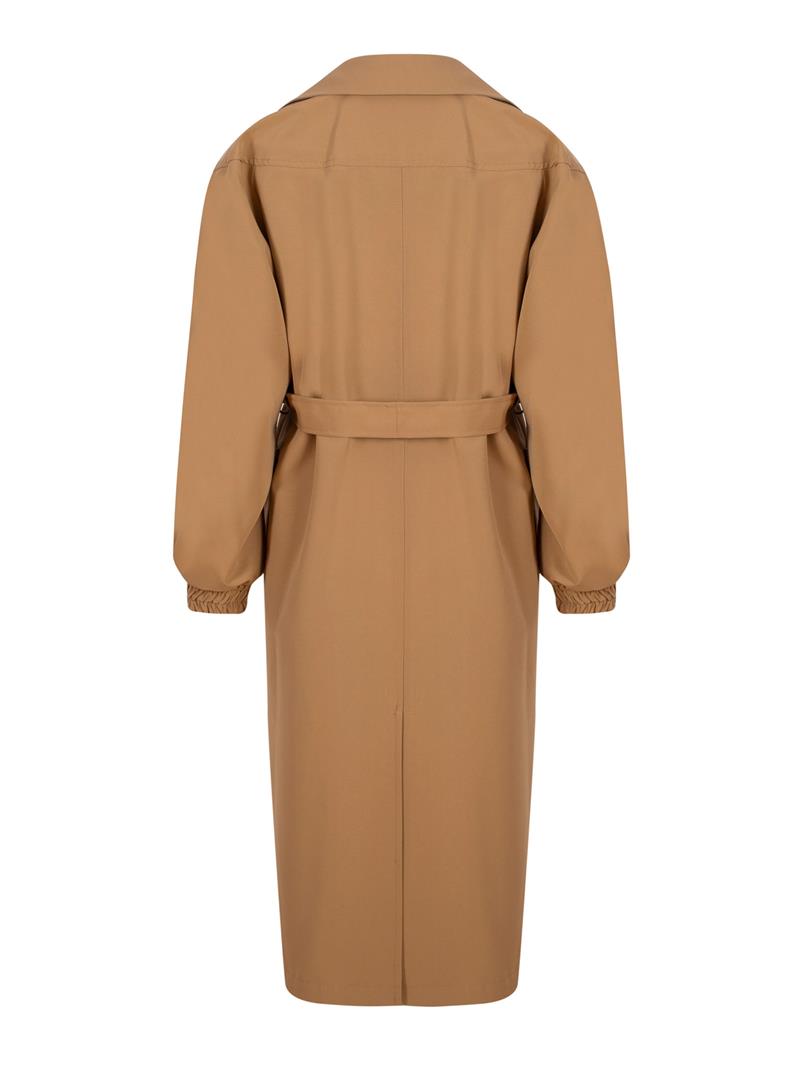 Balloon Sleeve Camel Trench Coat with Sleeve Elastic Waist Belt - Camel