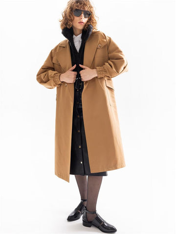 Balloon Sleeve Camel Trench Coat with Sleeve Elastic Waist Belt - Camel