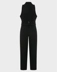 Sleeveless Jacket Collar Buttoned Waist Low-Cut Stylish Jumpsuit - Black