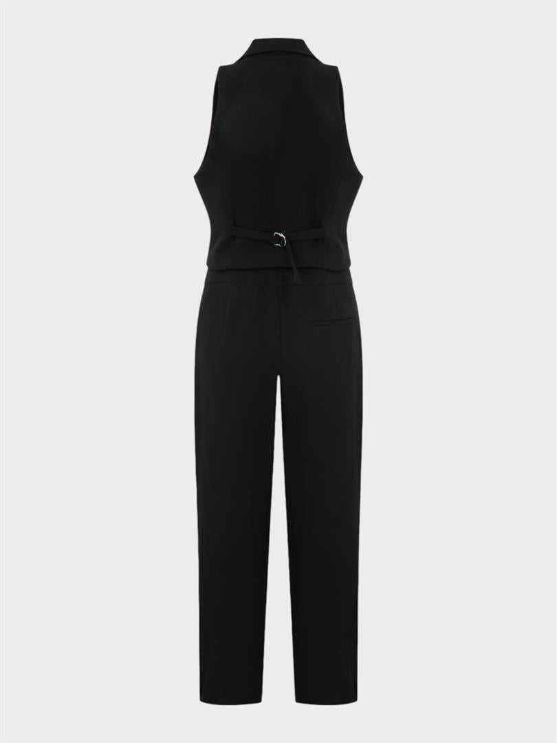 Sleeveless Jacket Collar Buttoned Waist Low-Cut Stylish Jumpsuit - Black