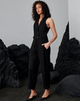 Sleeveless Jacket Collar Buttoned Waist Low-Cut Stylish Jumpsuit - Black