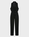 Sleeveless Jacket Collar Buttoned Waist Low-Cut Stylish Jumpsuit - Black