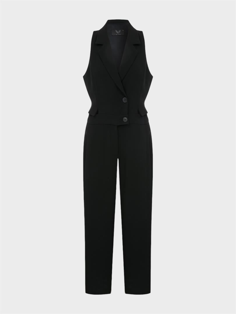 Sleeveless Jacket Collar Buttoned Waist Low-Cut Stylish Jumpsuit - Black