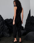 Sleeveless Jacket Collar Buttoned Waist Low-Cut Stylish Jumpsuit - Black