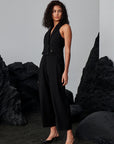 Sleeveless Jacket Collar Buttoned Waist Low-Cut Stylish Jumpsuit - Black