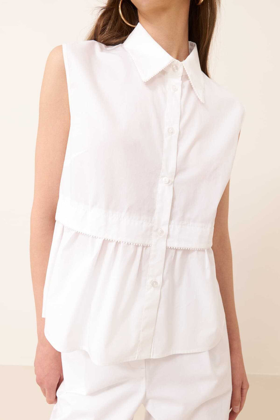 Sleeveless Striped Poplin Shirt White