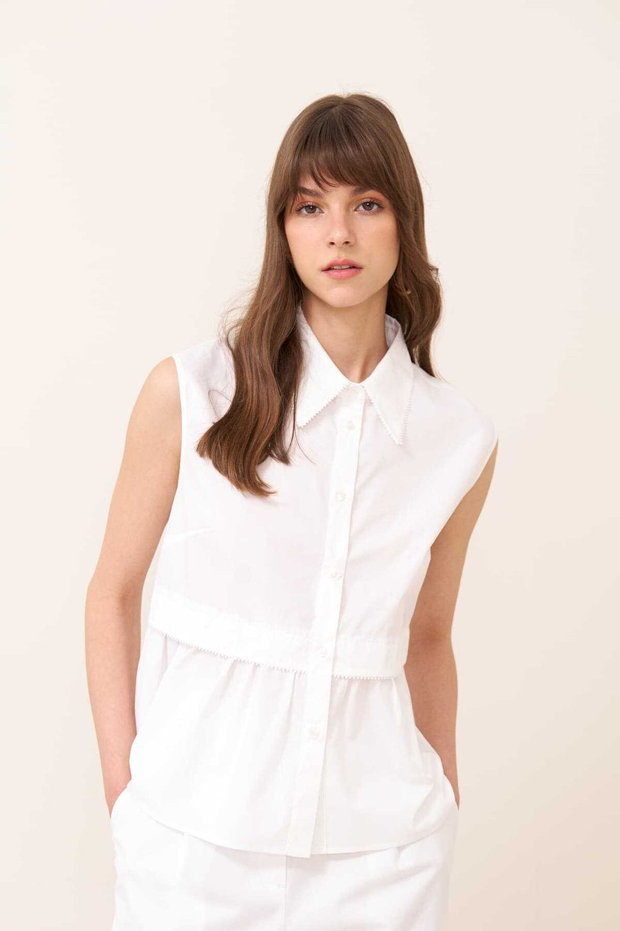 Sleeveless Striped Poplin Shirt White