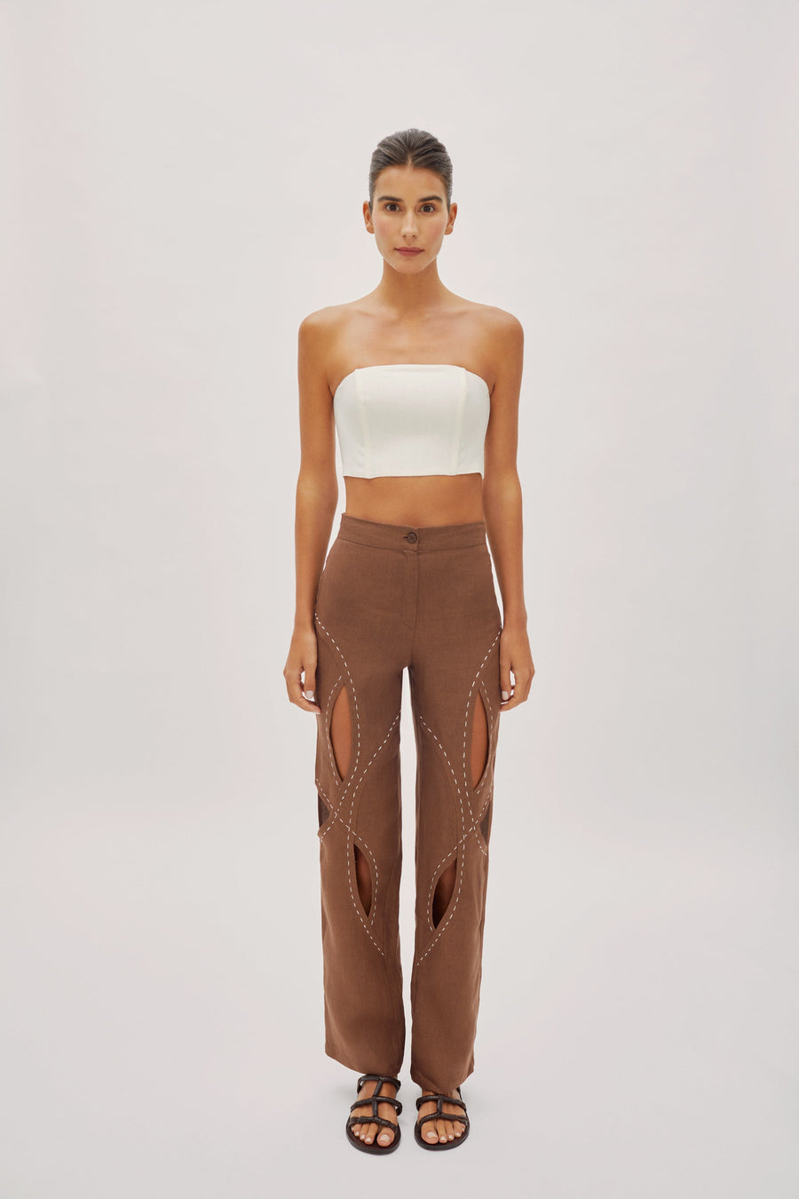 Asher Cappuccino Linen Cut Out Contrast Stitch Pants