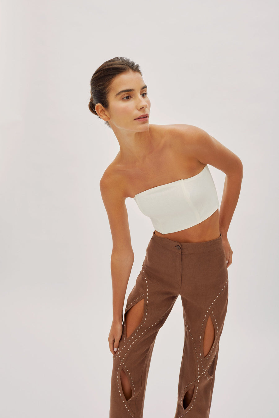 Asher Cappuccino Linen Cut Out Contrast Stitch Pants