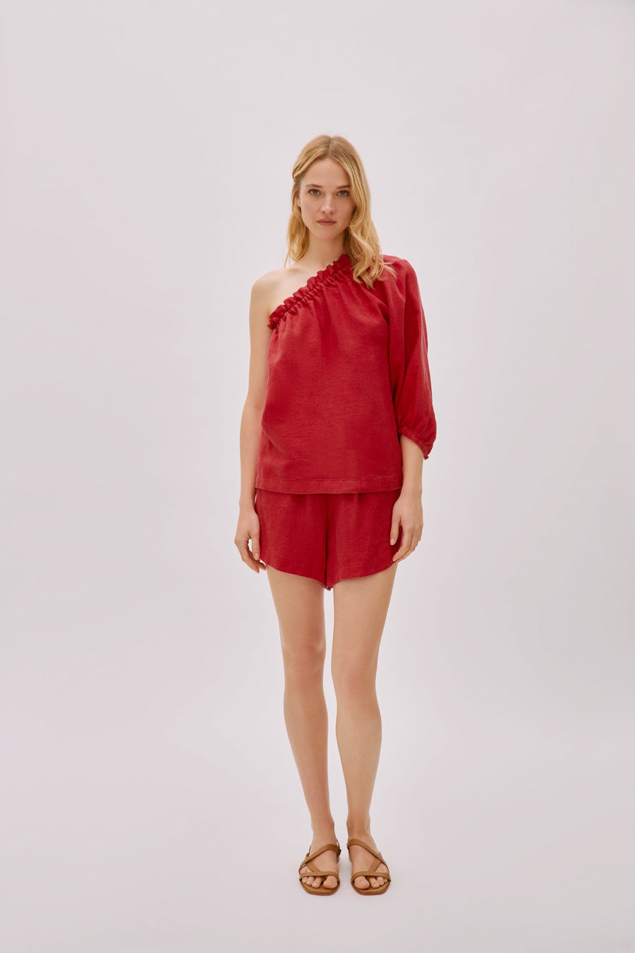 Capri Red Linen One Sleeve Top