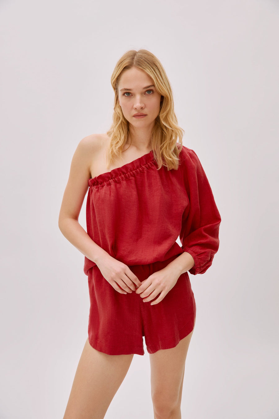 Capri Red Linen One Sleeve Top
